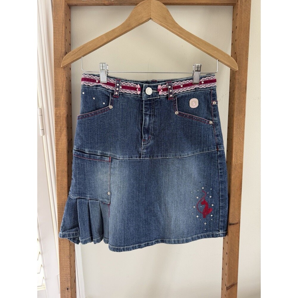 VTG Baby Phat Y2K Girlz Denim Skirt 14 Embroidered Rhinestone Ruffle Hip Hop